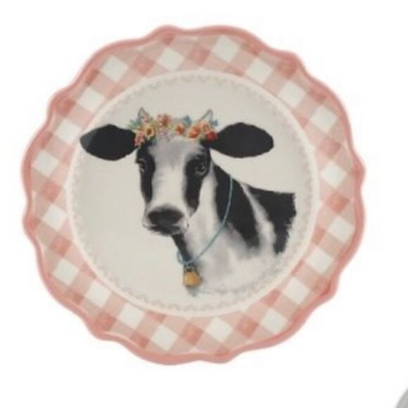 🦋 New Pioneer Woman Novelty Cow Appetizers 7"d Pink Gingham Plates, Set of 4 - Picture 5 of 7